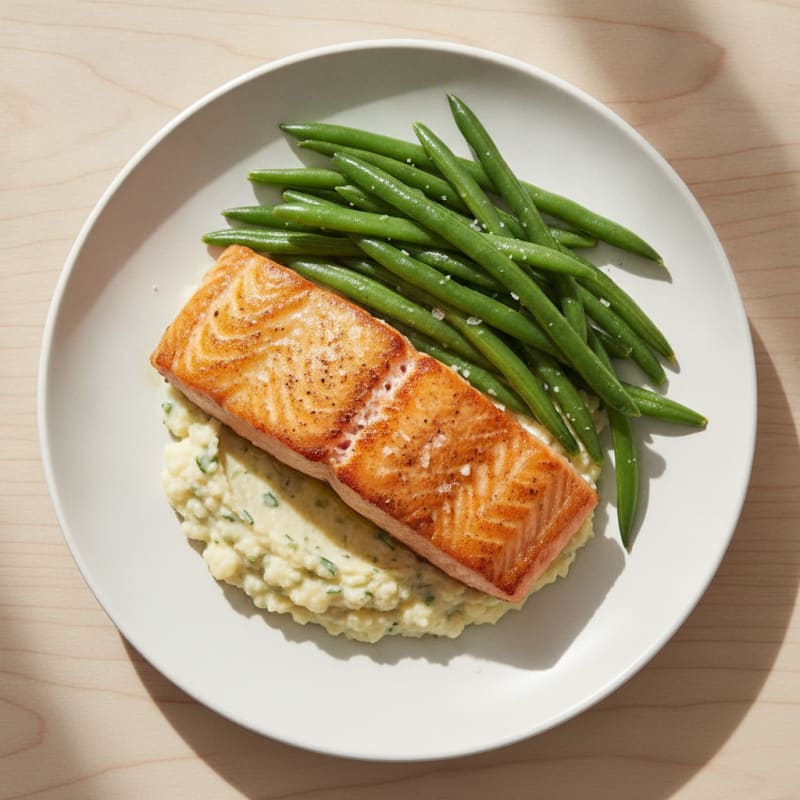 Seared Salmon with Steamed Green Beans and Herb-Cauliflower Mash