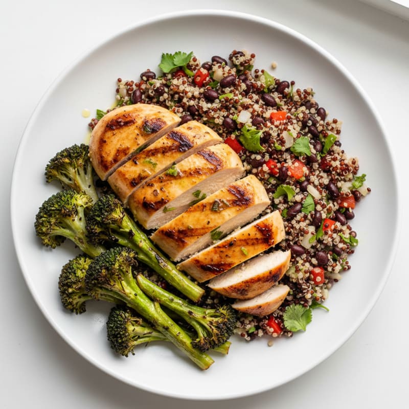Grilled Chicken Breast with Black Bean Quinoa Salad and Roasted Broccoli