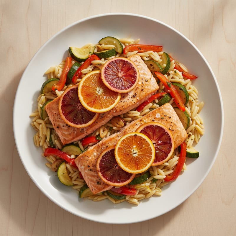 Sheet Pan Blood Orange Salmon and Orzo