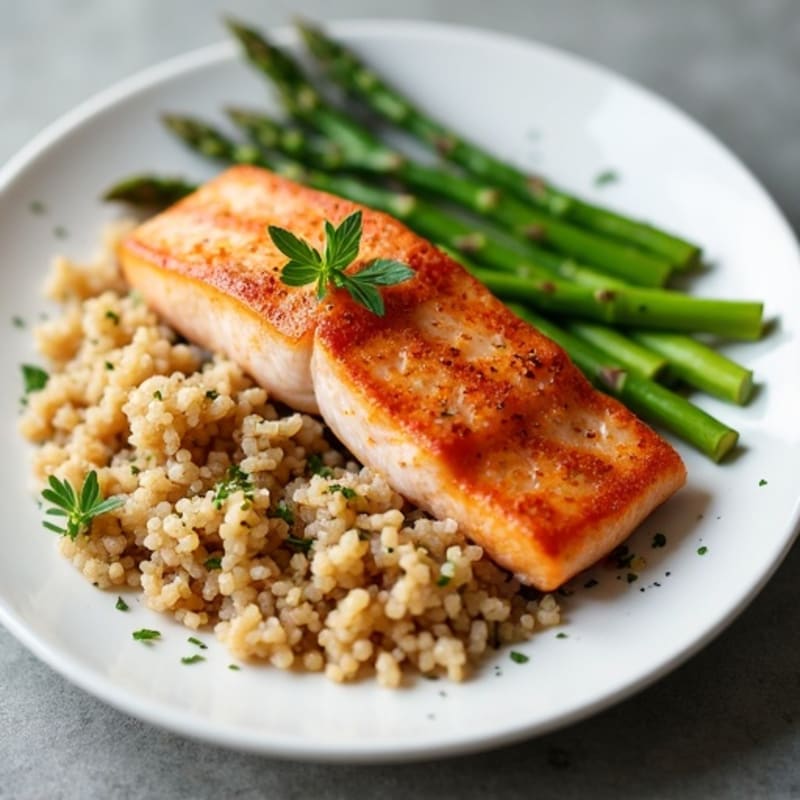 Seared Salmon Fillet with Steamed Asparagus and Brown Rice