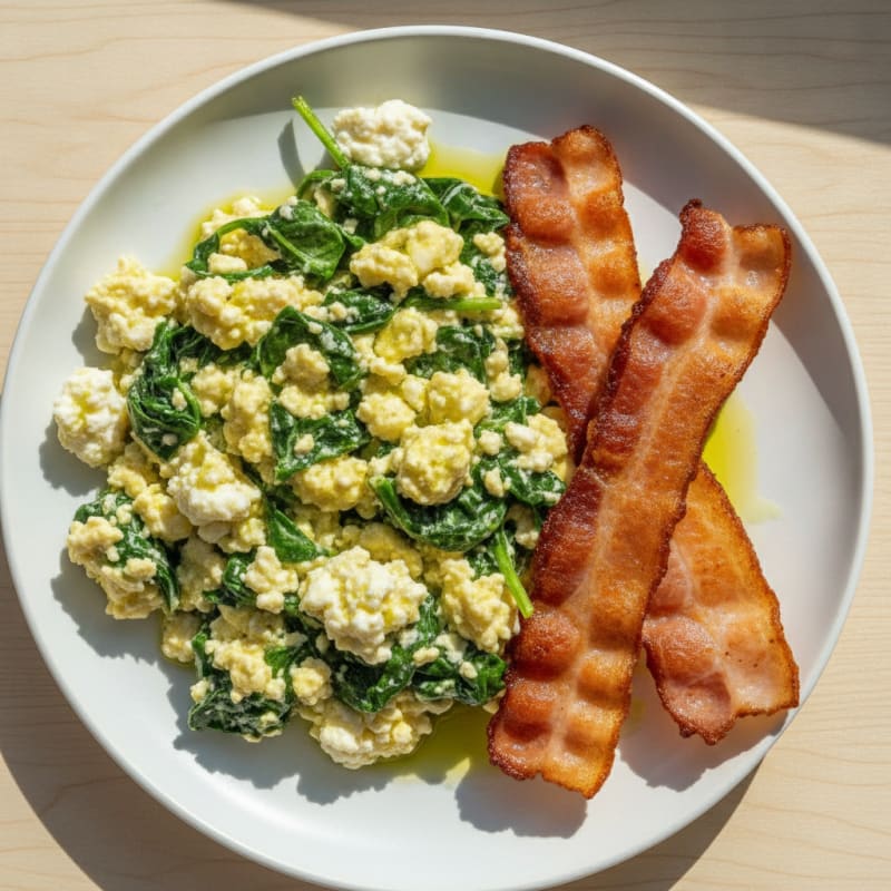 Cottage Cheese Egg Scramble with Spinach and Turkey Bacon