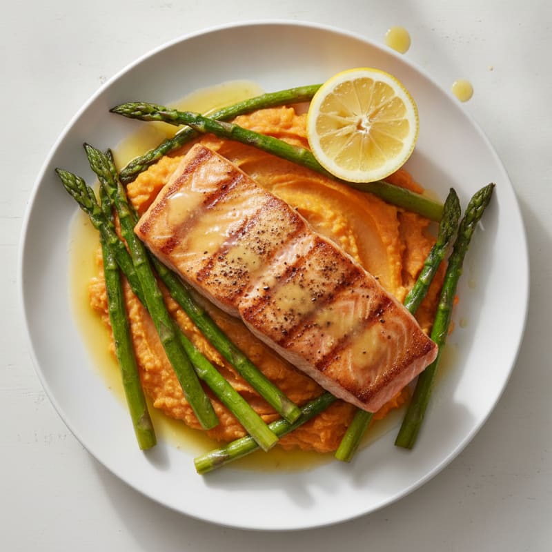 Seared Salmon Fillet with Roasted Asparagus and Sweet Potato Mash
