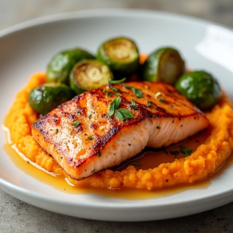 Seared Salmon Fillet with Roasted Brussels Sprouts and Sweet Potato Mash