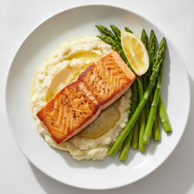 Seared Salmon with Steamed Asparagus and Garlic Cauliflower Mash