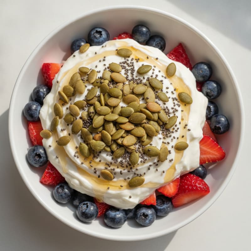 Greek Yogurt Protein Parfait with Mixed Fruit and Toasted Seeds