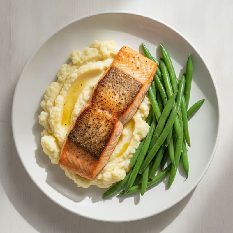 Seared Salmon Fillet with Steamed Green Beans and Garlic Mashed Cauliflower