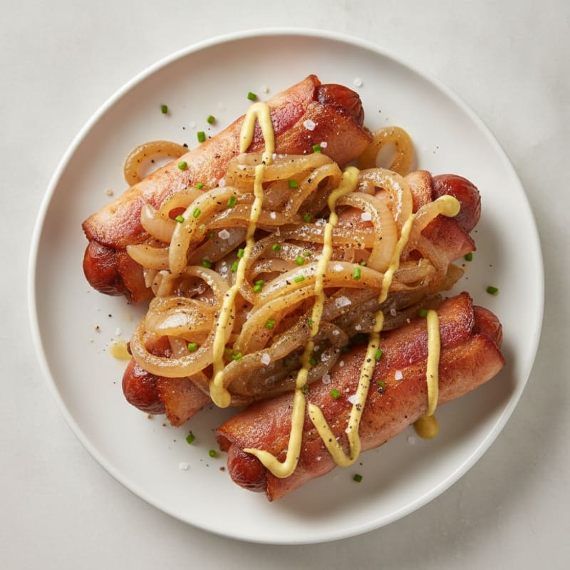 Bacon-Wrapped Hot Dogs with Caramelized Onions