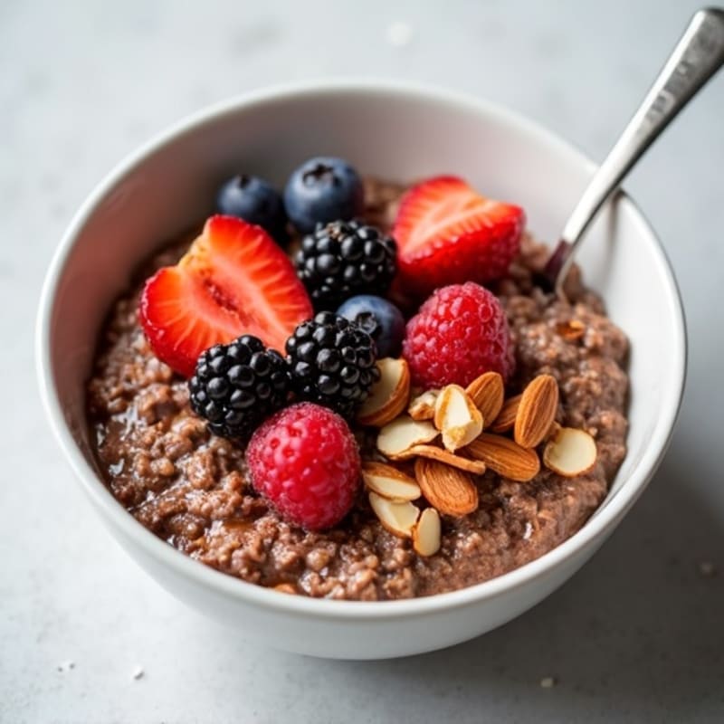 Rich Chocolate Protein Overnight Oats with Fresh Berries and Toasted Almonds