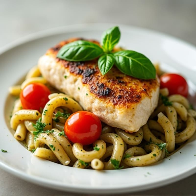 Pan-Seared Chicken with Creamy Basil Pesto Whole Wheat Pasta and Roasted Cherry Tomatoes