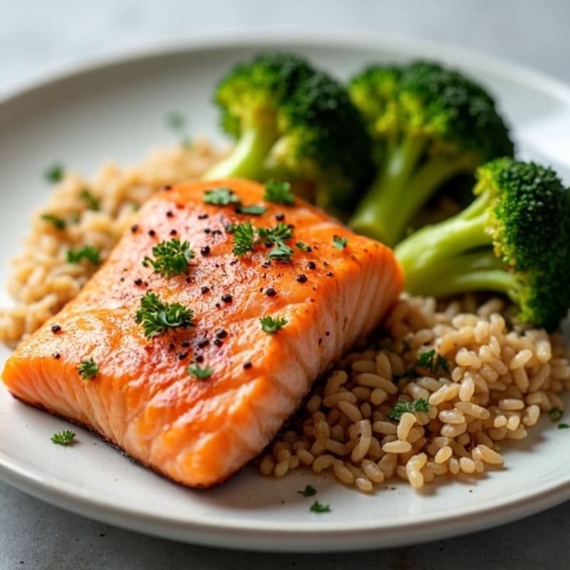 Flaky Roasted Salmon with Crispy Roasted Broccoli and Brown Rice