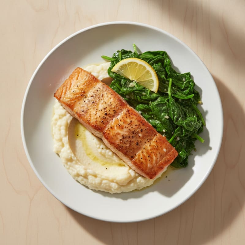 Seared Salmon with Garlic Spinach and Cauliflower Mash