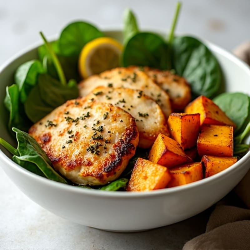 Lemon Herb Roasted Chicken and Crispy Sweet Potato Bowl with Fresh Greens