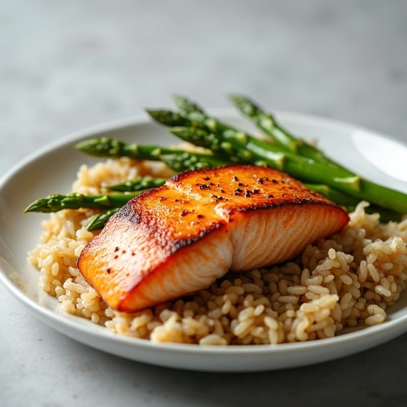 Seared Salmon Fillet with Steamed Asparagus and Brown Rice