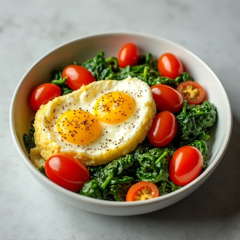 Fluffy Scrambled Eggs with Sautéed Spinach and Cherry Tomatoes