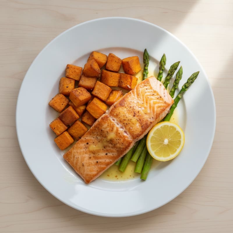 Seared Salmon Fillet with Roasted Sweet Potatoes and Asparagus
