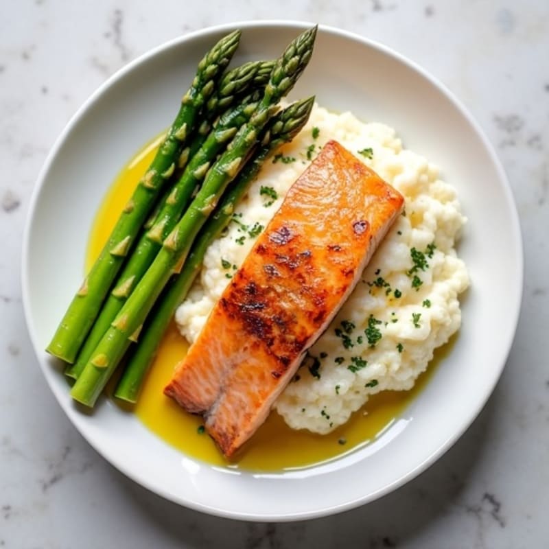 Seared Salmon with Steamed Asparagus and Cauliflower Mash