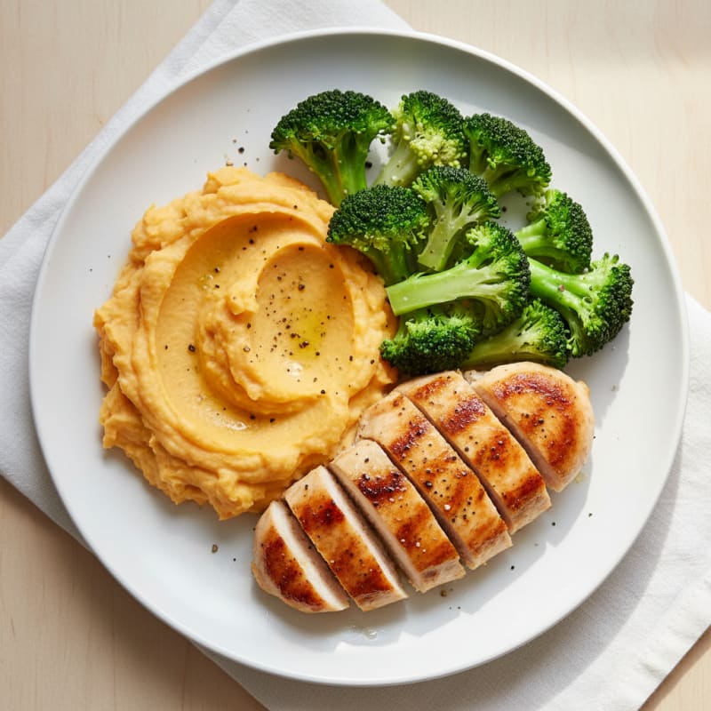 Seared Chicken Breast with Creamy Sweet Potato Mash and Steamed Broccoli
