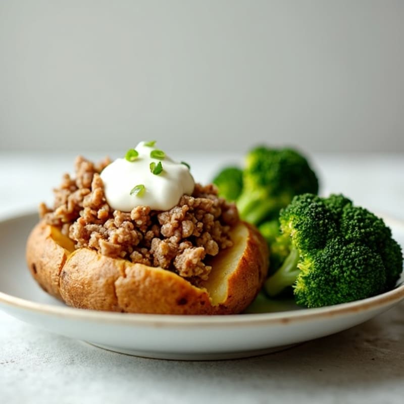 Baked Potato with Lean Ground Turkey, Steamed Broccoli, and Creamy Greek Yogurt