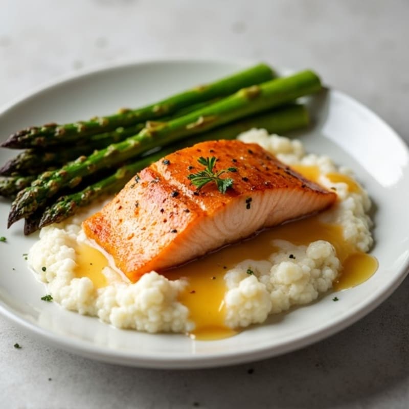 Maple-Glazed Salmon with Creamy Cauliflower Mash and Roasted Asparagus