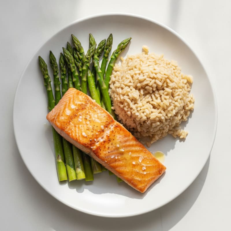 Seared Salmon with Steamed Asparagus and Brown Rice