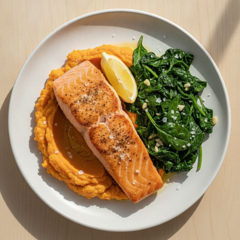 Seared Salmon Fillet with Garlic Spinach and Sweet Potato Mash