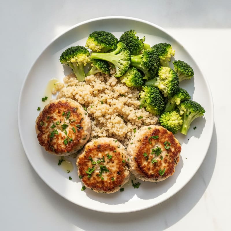 Herb-Seared Turkey Patties with Steamed Broccoli and Quinoa
