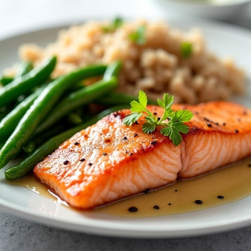 Seared Salmon Fillet with Garlic Green Beans and Brown Rice