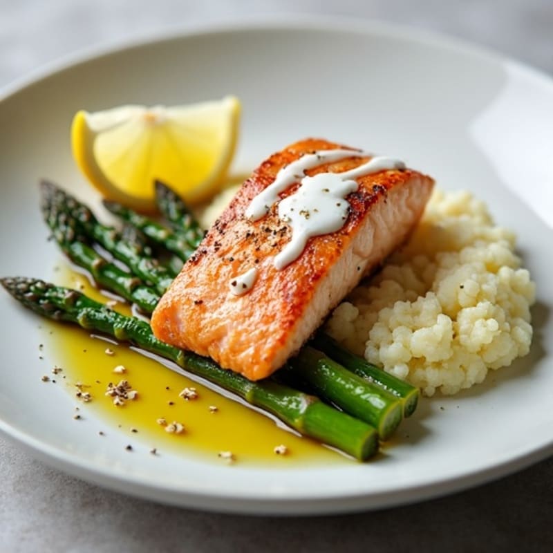 Seared Salmon Fillet with Roasted Asparagus and Cauliflower Mash