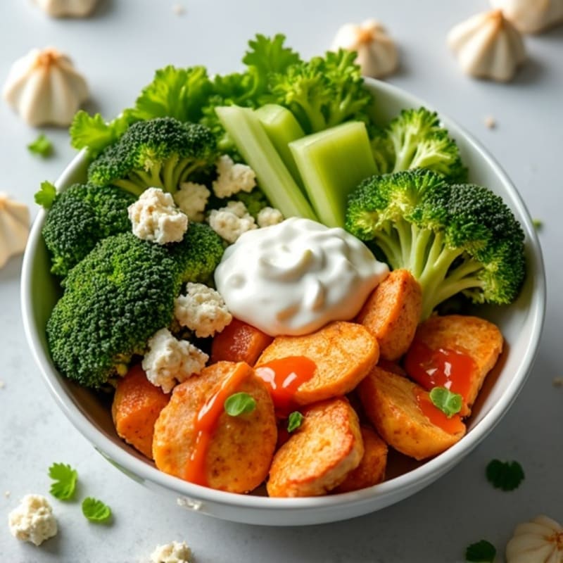Creamy Buffalo Chicken Bowls with Roasted Broccoli and Crispy Celery