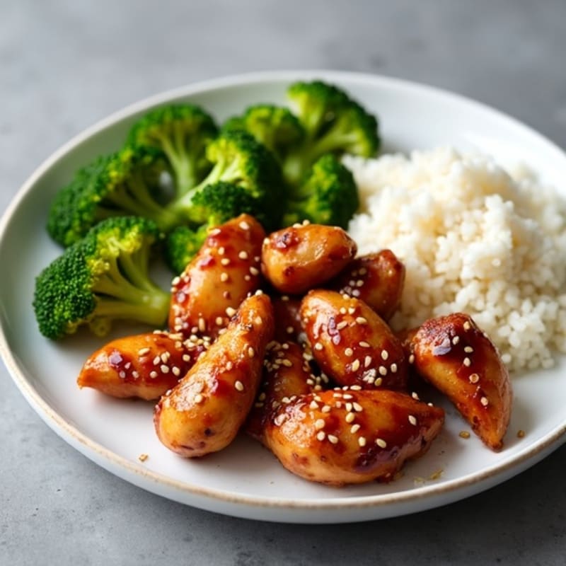 Sticky Sesame Chicken with Fluffy White Rice and Crispy Broccoli