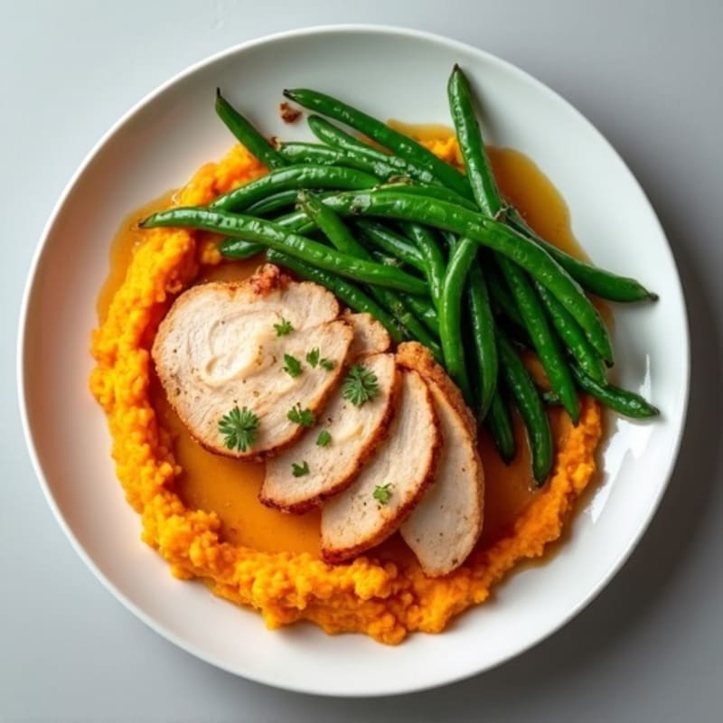 Seared Turkey Breast with Garlic Green Beans and Sweet Potato Mash