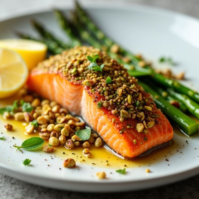 Pistachio-Crusted Salmon with Roasted Asparagus and Lemon
