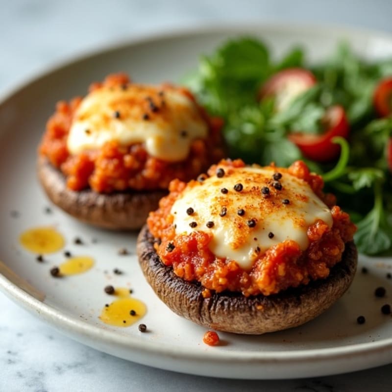 Crispy Stuffed Portobello Mushrooms with Lean Pepperoni-Spiced Turkey