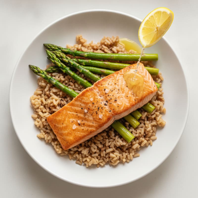 Seared Salmon with Steamed Asparagus and Brown Rice