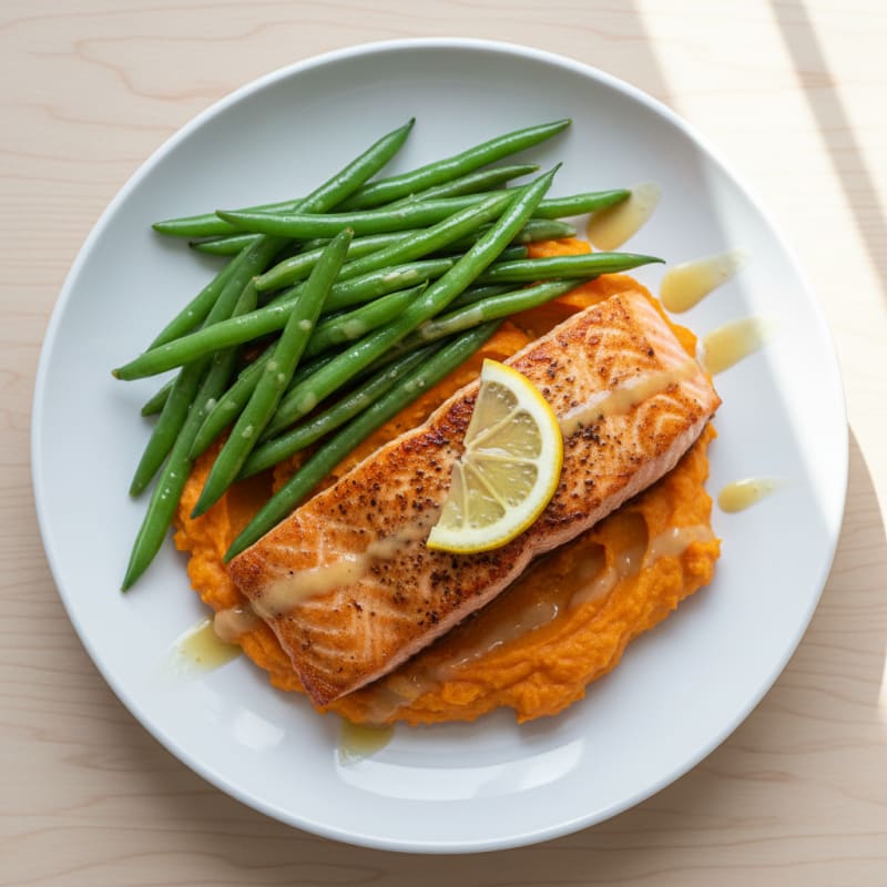 Seared Salmon with Steamed Green Beans and Sweet Potato Mash
