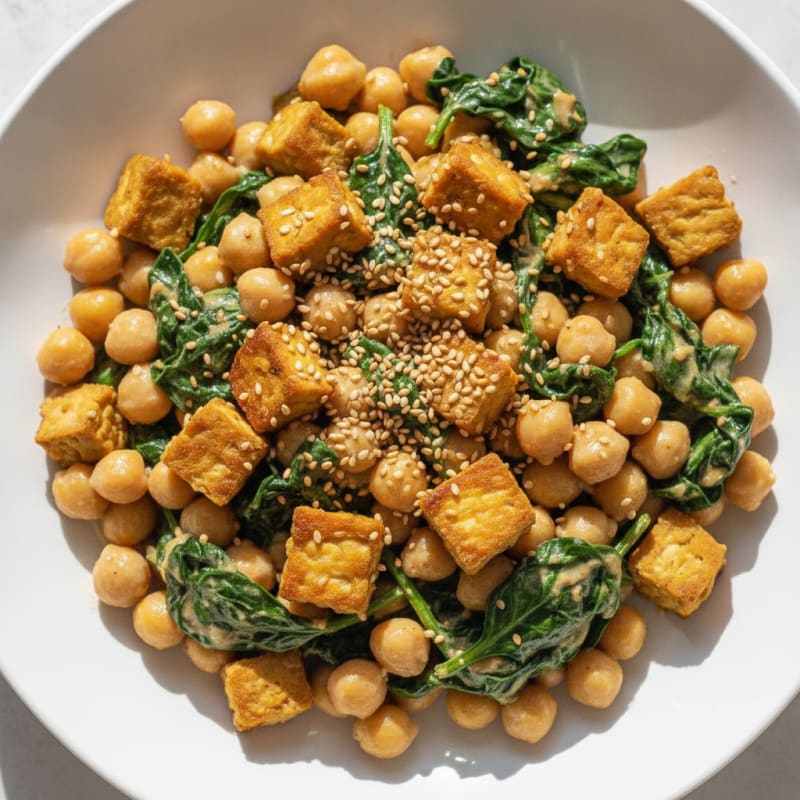 Creamy Chickpea and Spinach Stir-Fry with Seared Tempeh
