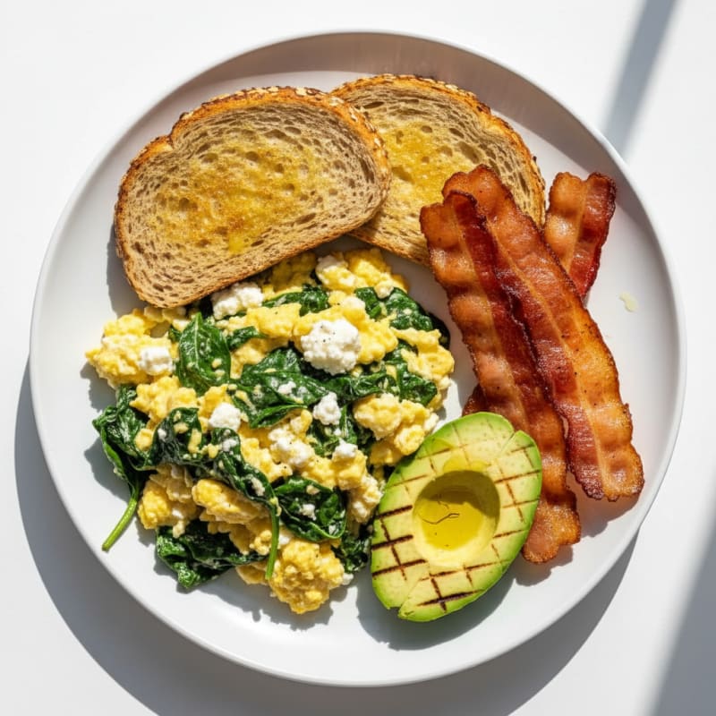 Cottage Cheese Egg Scramble with Spinach and Turkey Bacon
