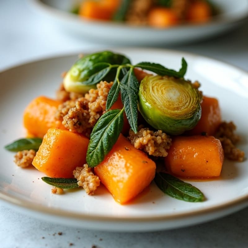 Pan-Seared Sweet Potato Gnocchi with Crispy Sage and Roasted Brussels Sprouts
