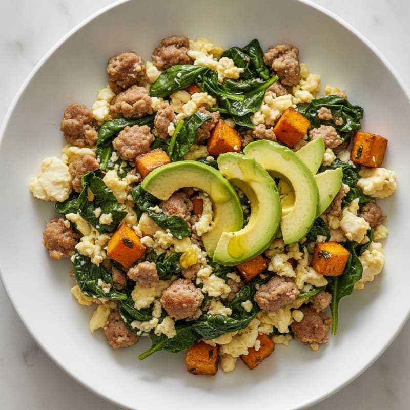 Egg White and Turkey Sausage Scramble with Sautéed Spinach