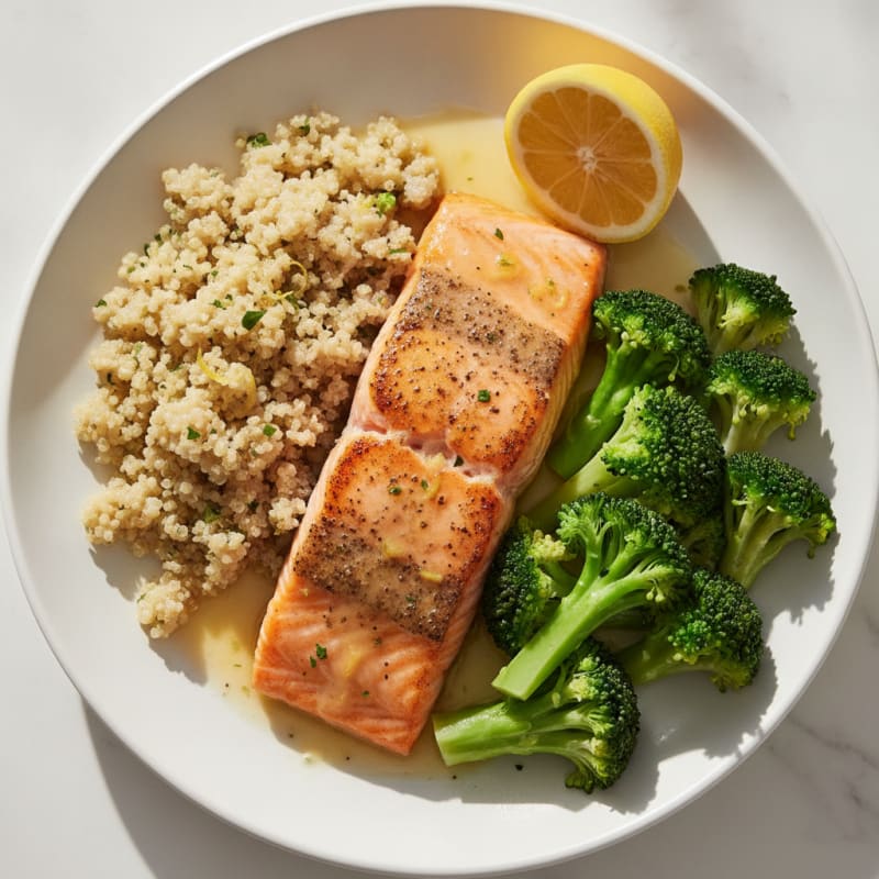 Seared Salmon Fillet with Steamed Broccoli and Lemon Zest Quinoa