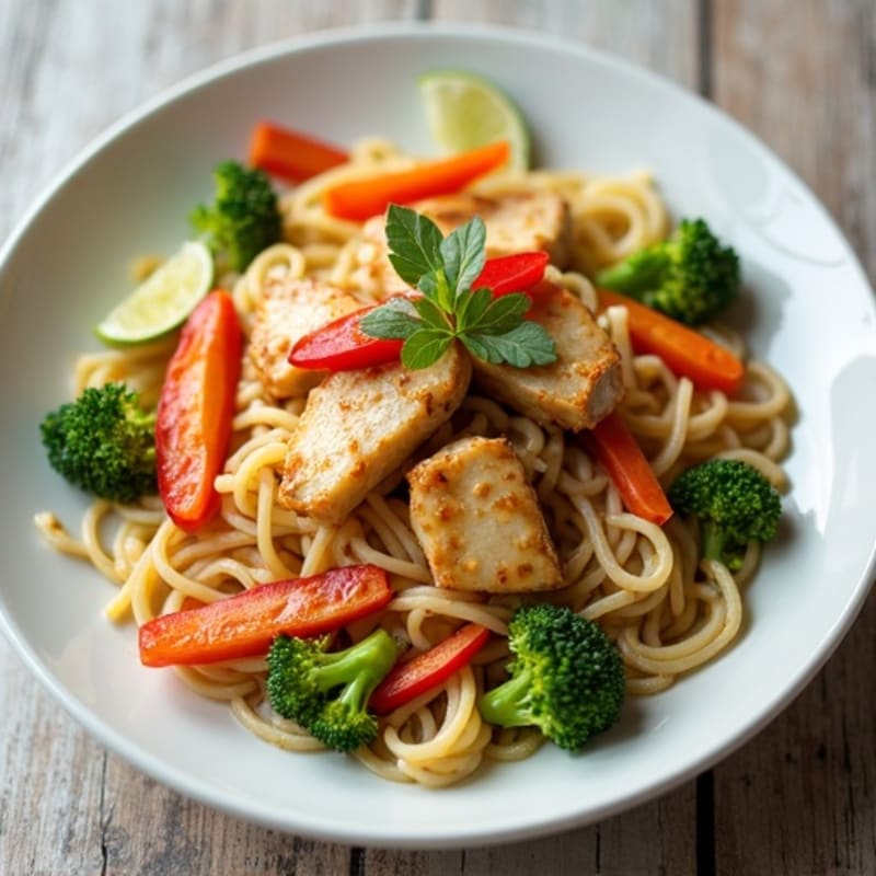 Creamy Peanut Chicken Noodles with Fresh Stir-fried Vegetables