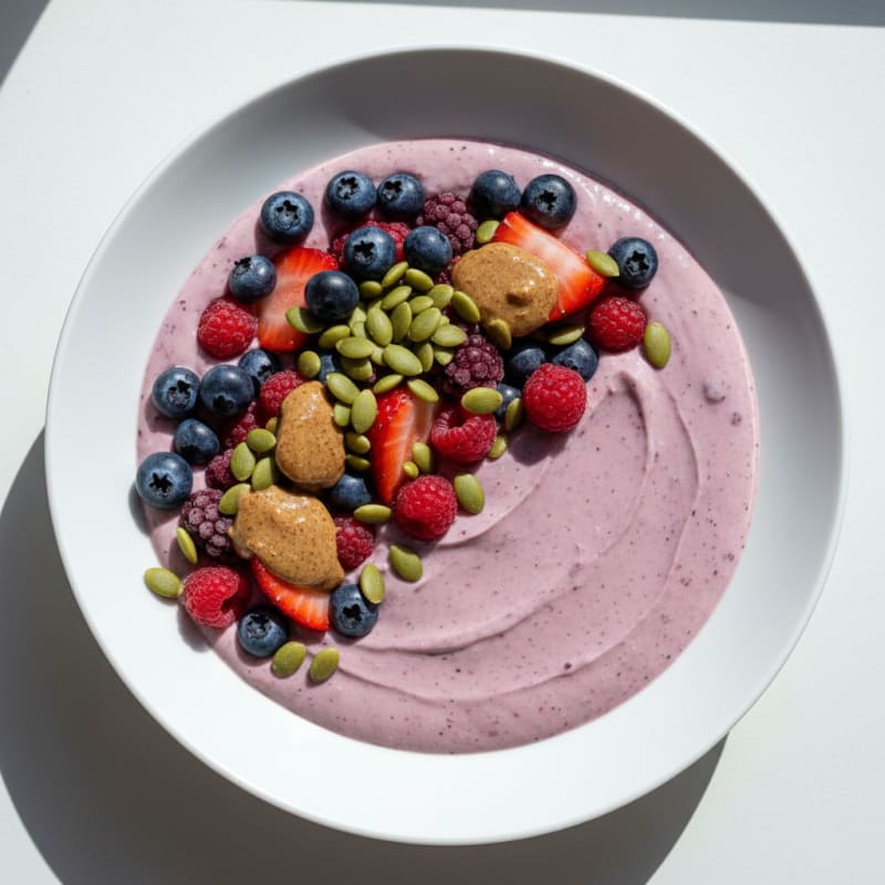 Silky Tofu Protein Smoothie Bowl with Berries and Pumpkin Seeds