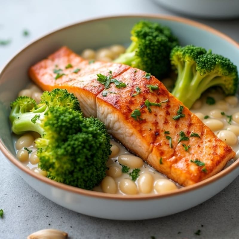 Seared Salmon with Roasted Broccoli and Garlic Mashed White Beans