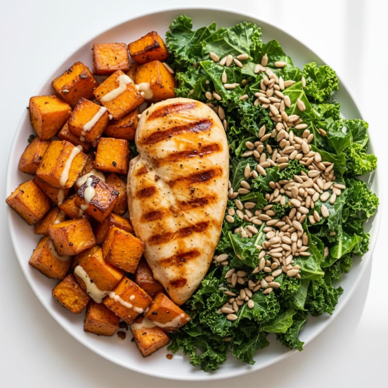 Grilled Chicken Breast with Roasted Sweet Potato and Crunchy Kale Salad