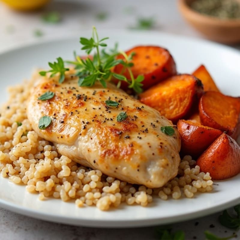 Lemon Herb Roasted Chicken with Crispy Sweet Potatoes and Brown Rice