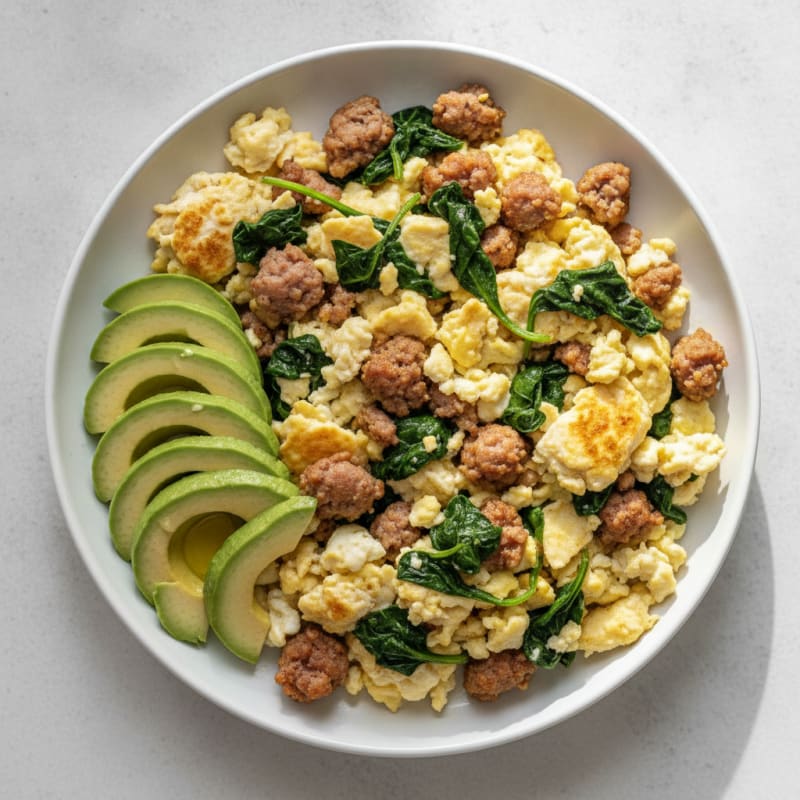 Scrambled Egg Whites with Turkey Sausage and Sautéed Spinach