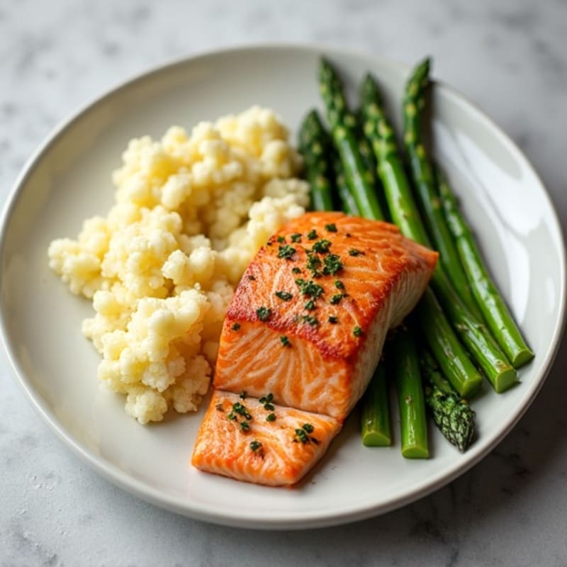 Seared Salmon with Steamed Asparagus and Garlic Mashed Cauliflower