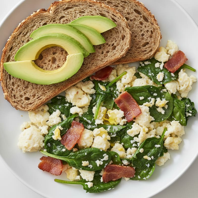 Crispy Turkey Bacon Egg White Scramble with Spinach