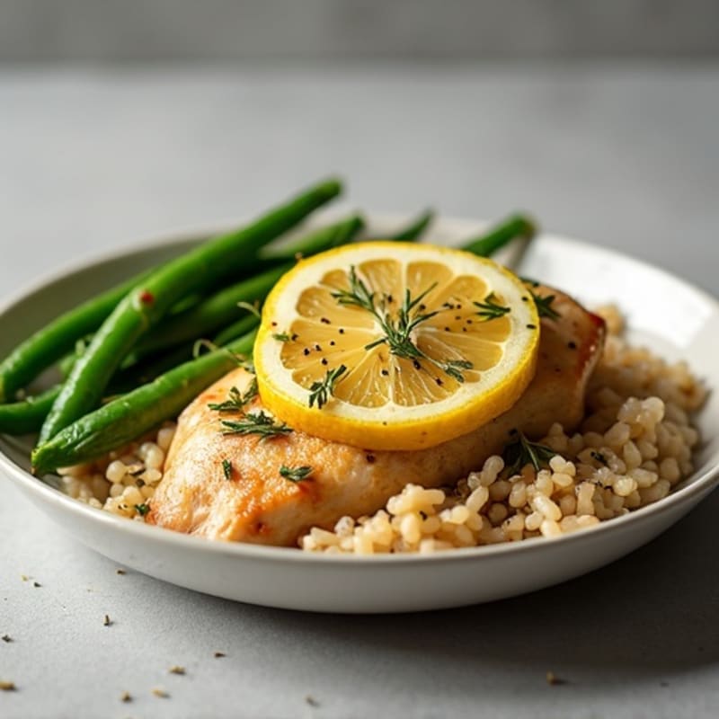 Lemon Herb Roasted Chicken with Fluffy Brown Rice and Roasted Green Beans