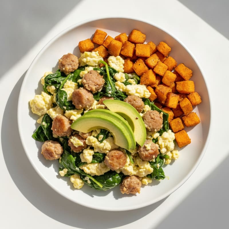 Egg White and Chicken Sausage Scramble with Spinach and Sweet Potato Hash